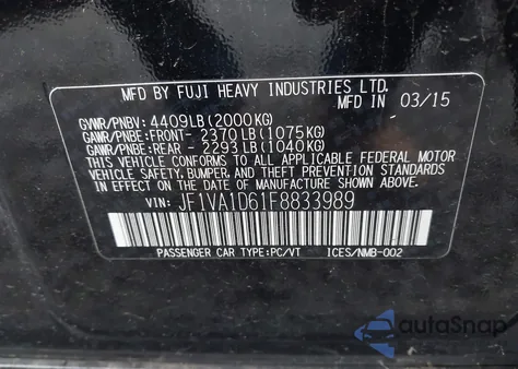 2015 Subaru Wrx Premium из США, поврежденный, VIN JF1VA1D61F8833989